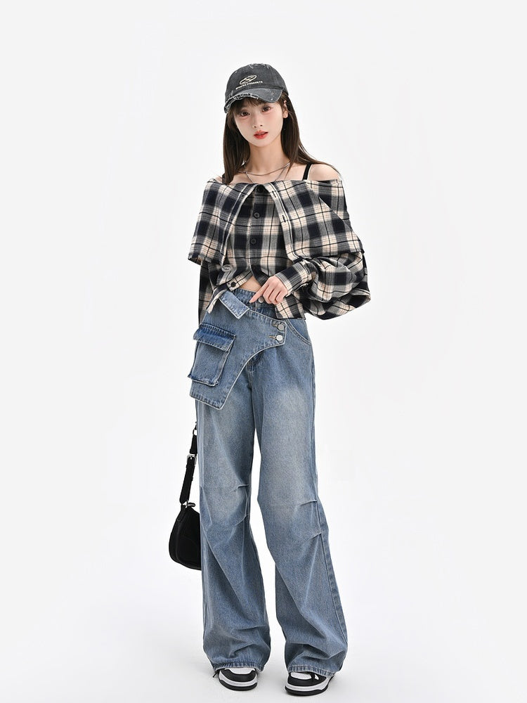 Wide-Leg Jeans Waistline Design Blue Asymmetrical
