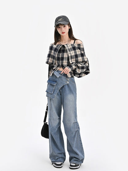 Wide-Leg Jeans Waistline Design Blue Asymmetrical