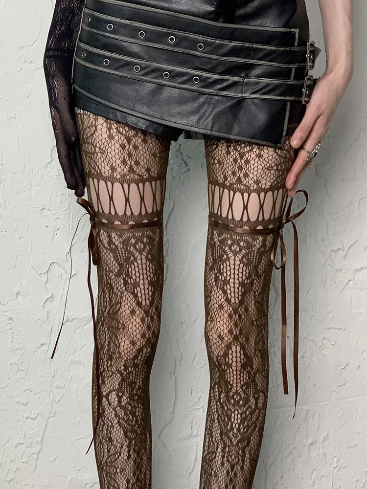 Cut-out Self-tie Coffee/Gray/Black/White/Purple/Blue Y2K Floral Pattern Design Tights Straps