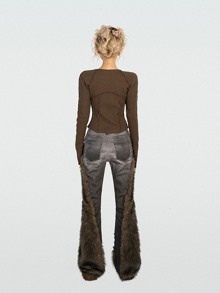 Vintage Top Patch Knit Front Coffee with Crossover Butterfly Off-Shoulder Lace-Up