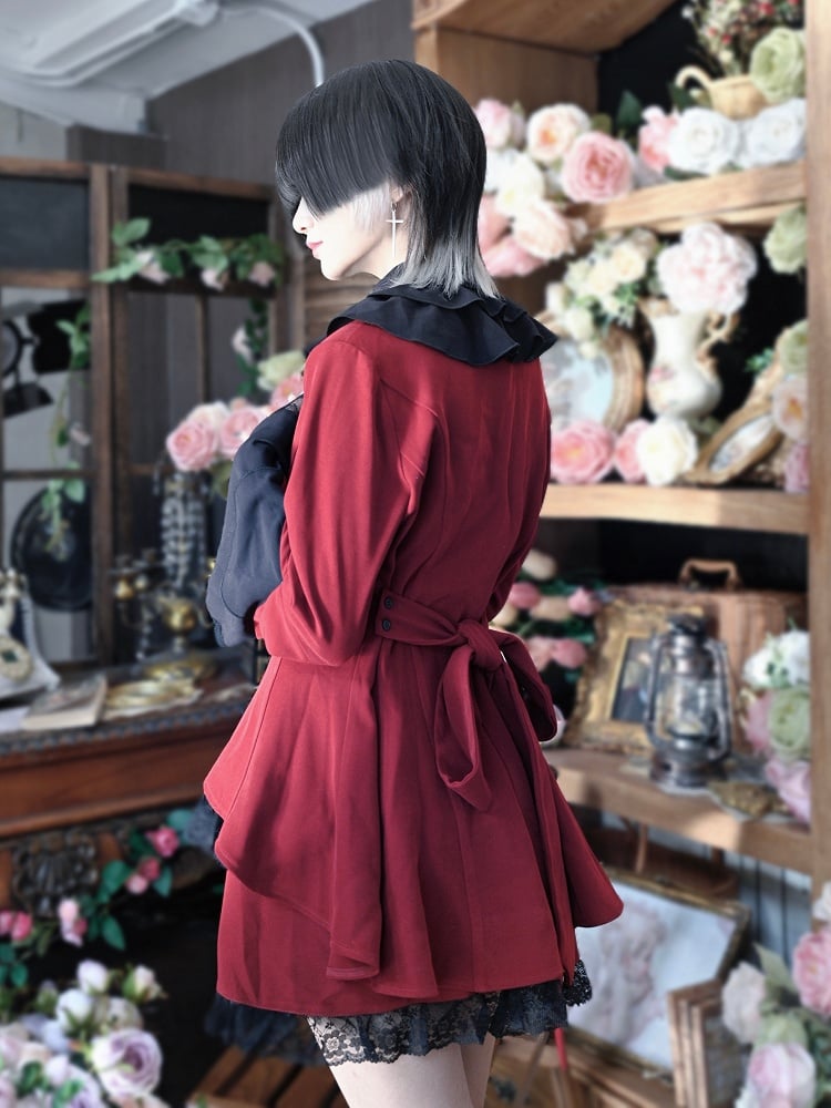 Black Gothic Red and Lace Trim Cross Adorned Pointed Flat Collar Bell Sleeves Top with Tiered Skirt Outfit Set -