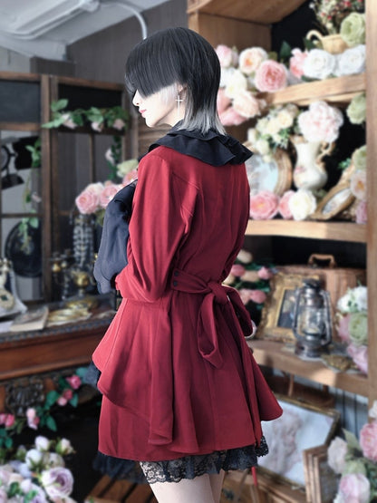 Black Gothic Red and Lace Trim Cross Adorned Pointed Flat Collar Bell Sleeves Top with Tiered Skirt Outfit Set -