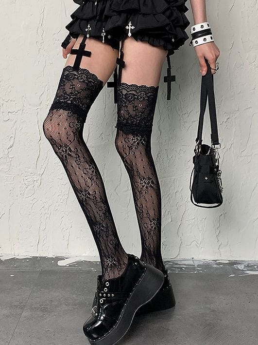 Floral Gyaru Trim Pattern Lace Fashion Y2K Overknee Stockings Black