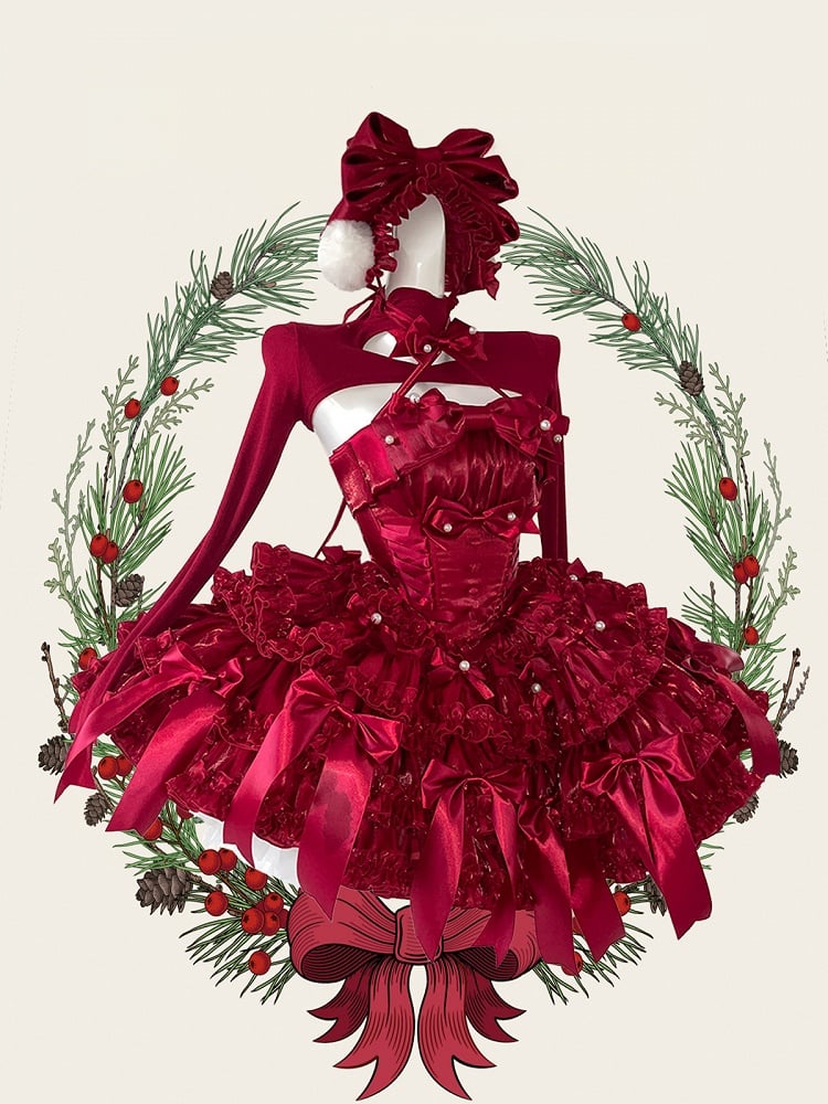 Red Christmas Outfit Basque Waist Satin Bows Strapless Puffy Dress Full Set