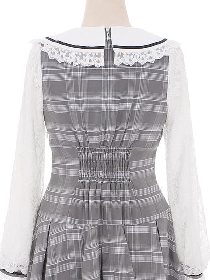 Jirai Kei Grey Set Peter Pan Collar High Waist Box Pleat Skirt Plaid Dress + Ruffle Trim Cuffs Shorts