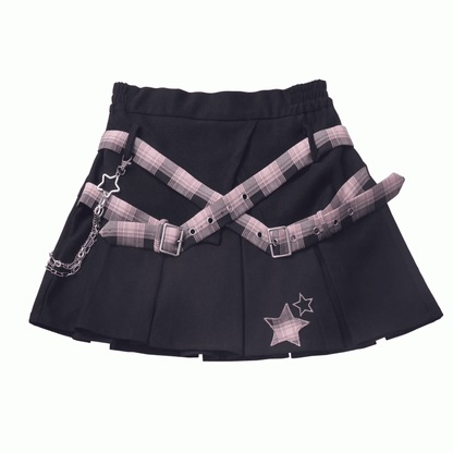 Pink Plaid Buckle Straps Star Applique Black Box Pleat Skirt