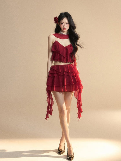 Scarf Red Chiffon V-Neck with Tiered Free Ruffles Cropped Cami Top