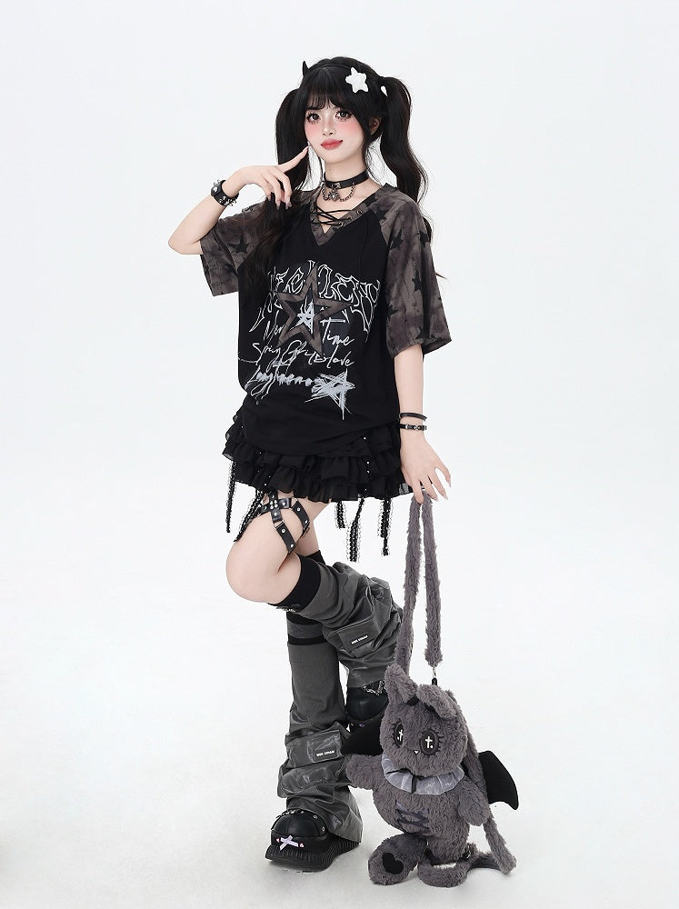 Design Lace-up V-Neck Star T-Shirt Loose Black Colorblock Print