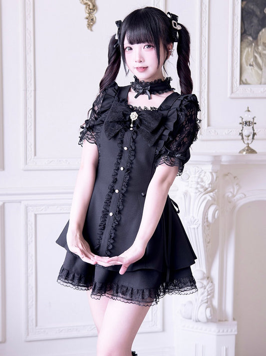 Jirai Kei Black Set: Cutout Shoulder Mini Dress with Lace-up Side Details and Skirt