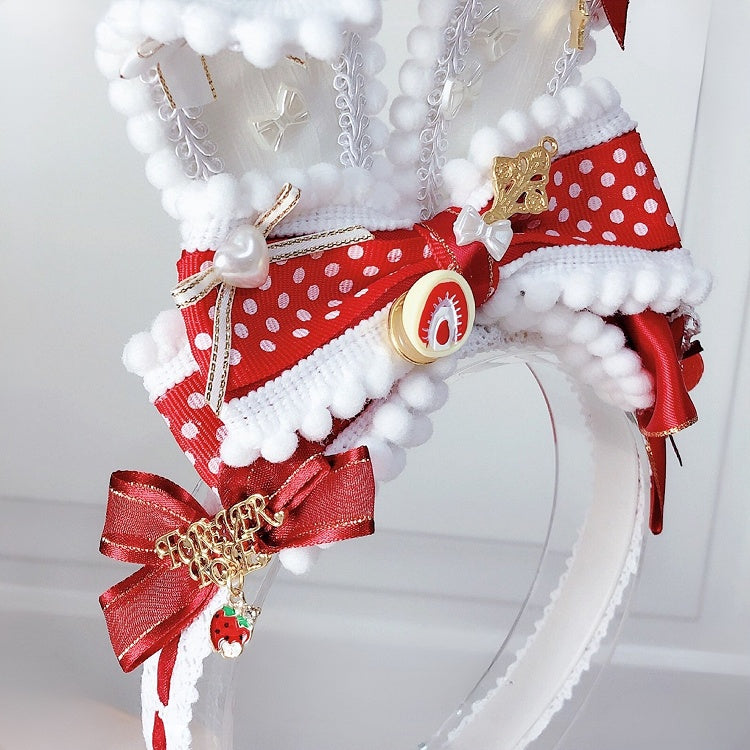 Sweet KC Details Bunny Lolita Ohren Erdbeere verziert Schleife RotWeiß