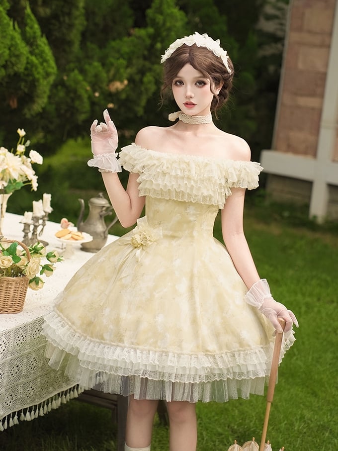 Light Versatile Full Dress Lolita JSK Neckline Floral Yellow Set and Butterfly Print