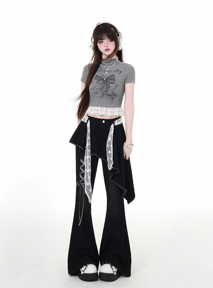 Waist Lace Belt Flared Pants Black Asymmetrical Hem Lace-up Faux Two-Piece Detail with