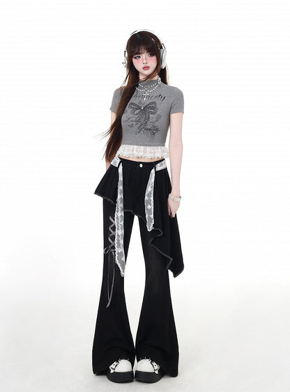 Waist Lace Belt Flared Pants Black Asymmetrical Hem Lace-up Faux Two-Piece Detail with