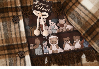 Brown Cute Little Bears Applique Plaid Hooded Woolen Coat Short Version
