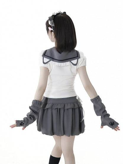 Side Armwear Free Ears with T-shirt Kitty Design Sailor Collar White Drawstring