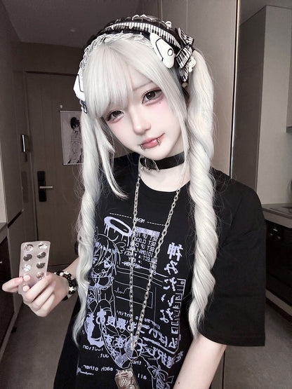 Jirai Black/White Round Neck Cyberpunk T-Shirt Print Kei Angel Cotton