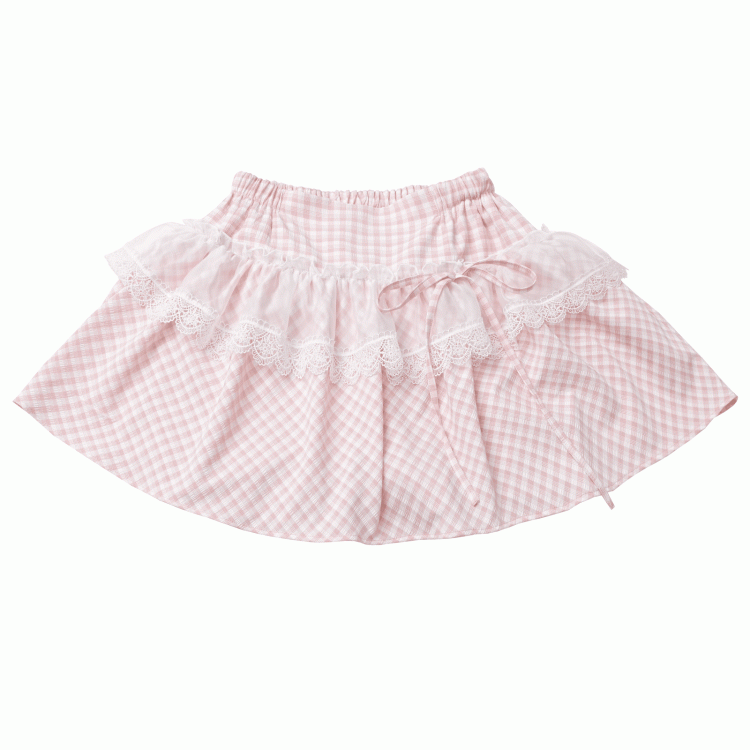Lace Plaid Trim Skirt Pink/Baby Blue