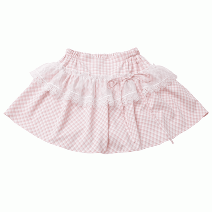 Lace Plaid Trim Skirt Pink/Baby Blue
