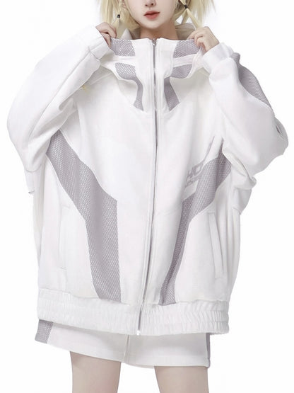 Sweat à capuche zippé en maille blanche et grise Jirai Kei