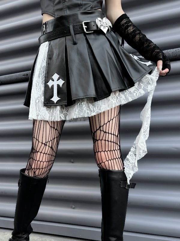 Punk Rock Black Cross Appliques PU Patchwork Box Pleat Skirt