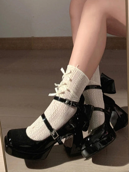 Block Heels Heel Black and with Bow Platform Cut-Out Celestial Y2K Moon High Back Star Buckles -