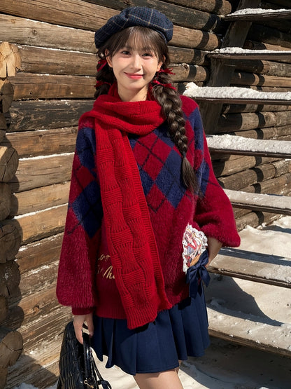 Snow White Princess Red Diamond Pattern Mohair Loose Sweater