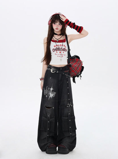 Jeans Black Butterfly Wide-Leg Cargo Print Strap Details Vintage