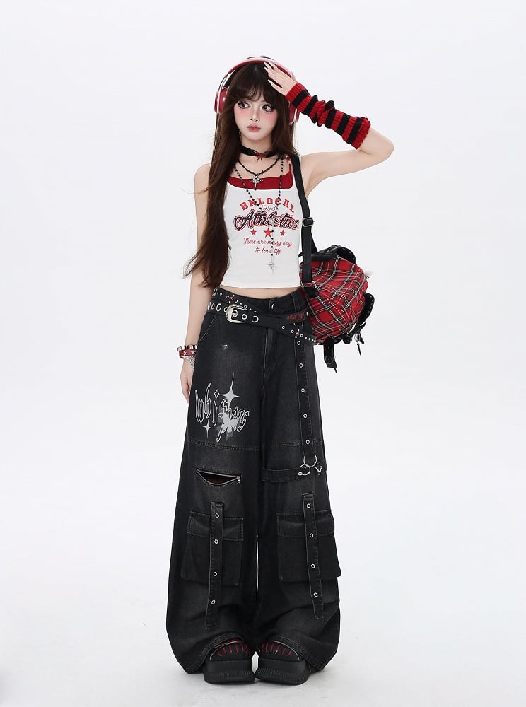 Jeans Wide-Leg Cargo Strap Details Vintage Black Butterfly Print