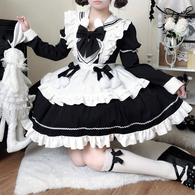 Sailor with Collar Ears Dress Apron Lolita Sleeves White Bunny Short Black Maid
