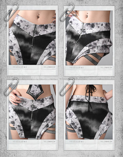 Fashion Asymmetrical Skort Y3K Futuristic Black and Silver Low-Waist Side Elastic Bands Cyberpunk