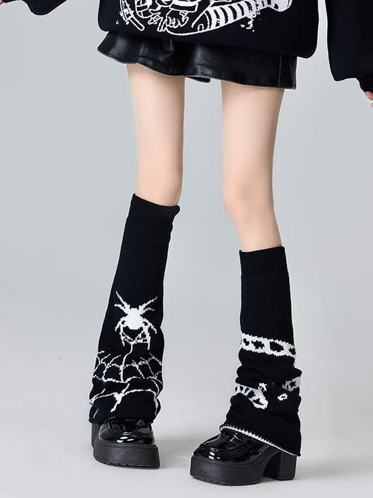 Black/White Spider Pattern Knitted Leg Warmers