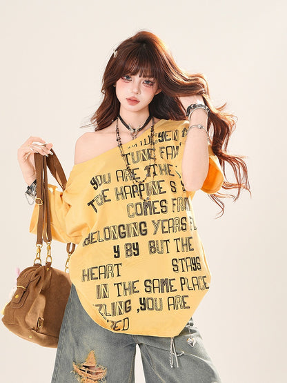 Asymmetrical Neckline Letter Print Loose T-Shirt Yellow/White/Black