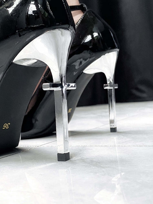 Design Heel Cross High Pointed Heels Toe Clearance-Size Gothic Black 40