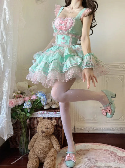 Lolita Dress Sweet Polka-dot Green Pink Heart Pattern Ruffled Heart Front Mint