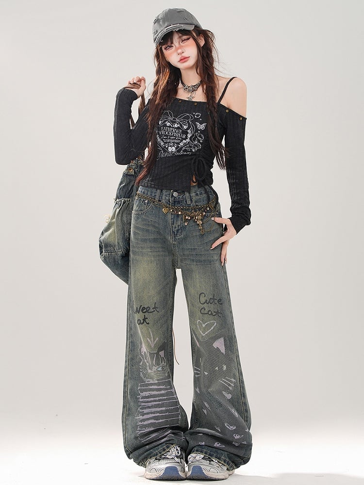 Denim Blue Cute Kitties Faded Wash Wide-leg Cut Jeans