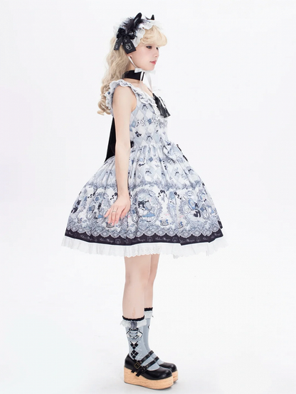 in Wonderland Theme Bunny Sweet Lolita Jumper Print Skirt and Alice Kitty Dress