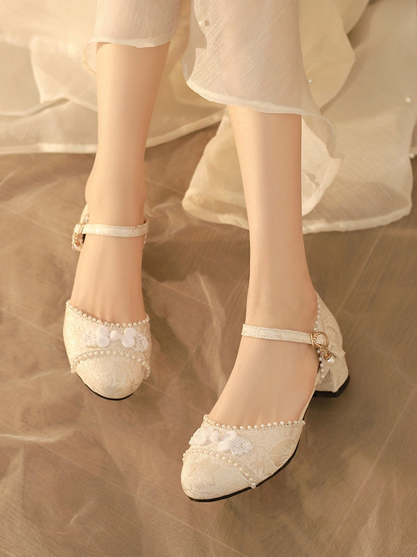 Beige Details - Floral Beads Button Lolita Sandals Mid-heel Frog Pattern Qi Satin