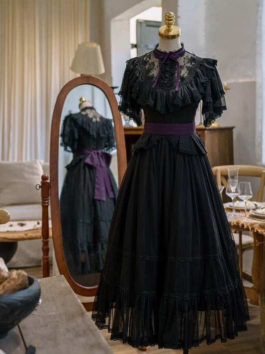 Lolita Butterfly Belt Black Dress Waist Elegant Classic with Sleeves Illusion Neckline Purple Edward