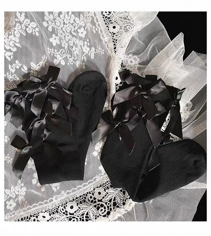 White/Black Bows Ribbed Trim Lolita Under Knee Stockings