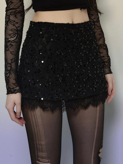 Black Sequins Detail Lace Trim Mini Skirt