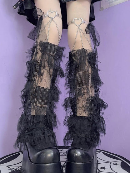 Garters Strap Self-tie Heart Sleeves Y2K With White/Black Tassels Leg Decorated