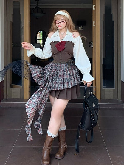 Plaid Waist Accessory with Cascading Ruffles Size Black Plus Brown /