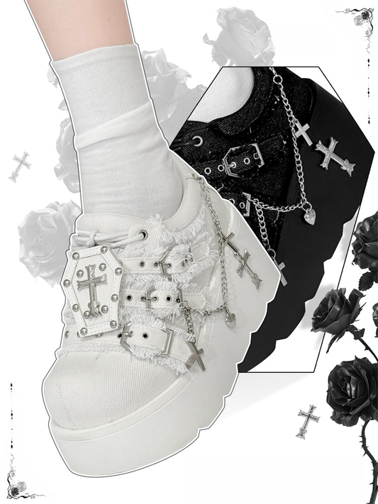 Chunky Heels Punk 7cm Sneakers Platform Cross Gothic White Chain with