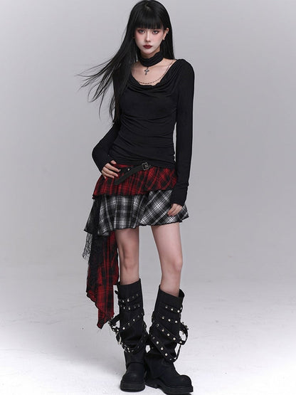 Red  Black Mesh Asymmetrical Plaid Skirt with PU Patchwork