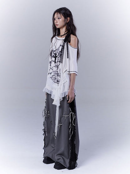 Dark Gray Lace Patches Details with Casual Pants Side Lace-up