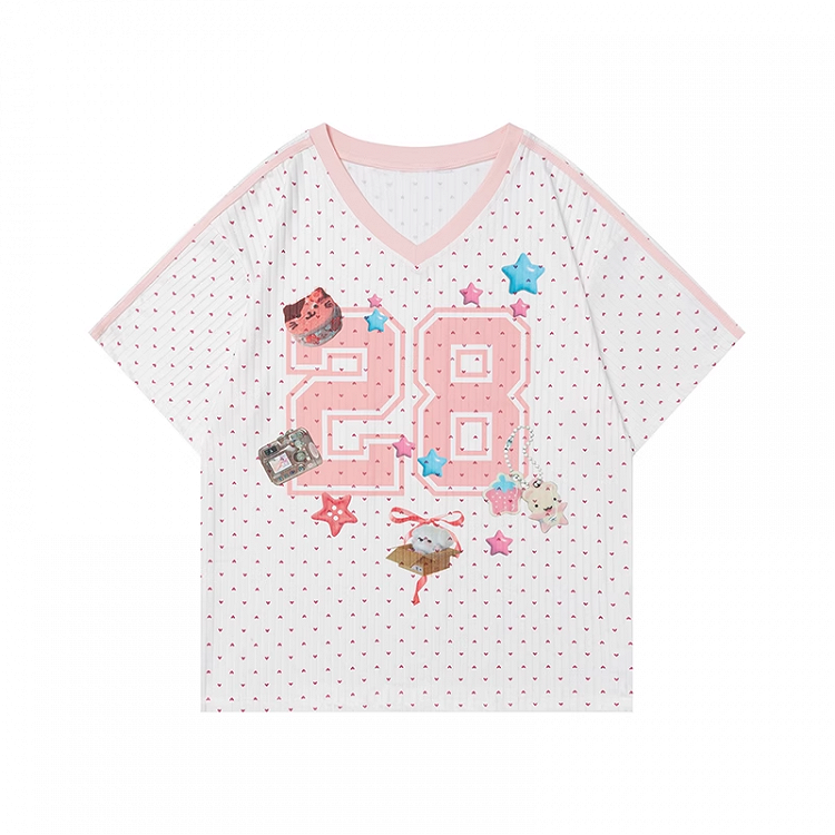 Dot White V-neck Number and Star Print Polka T-shirt