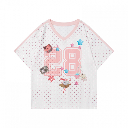 Dot White V-neck Number and Star Print Polka T-shirt
