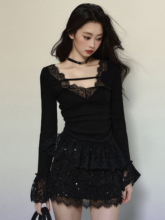 Black Lace Trim V-neck Knit Top