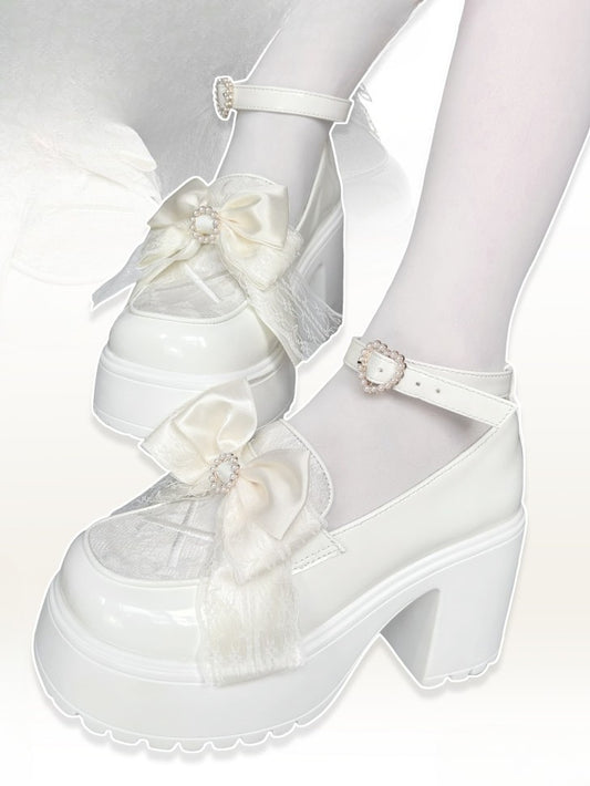 Heart Platform Beaded Jirai with - Vamp Bow Kei White Heels High Buckle Block Matching