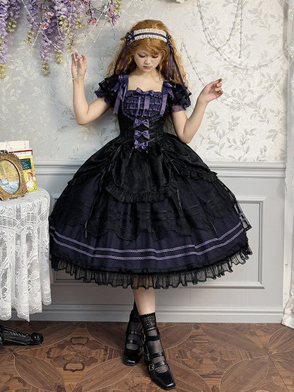 Black and Purple Square Neckline Jacquard Drawstring Skirt Classic Lolita Dress